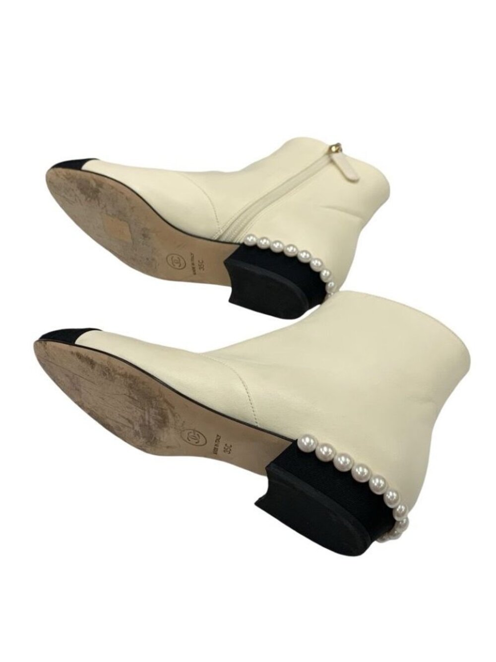 Chanel Boots Short Shoes Leather Fabric Ivory Black Coco Mark Pearl - Picture 7 of 11